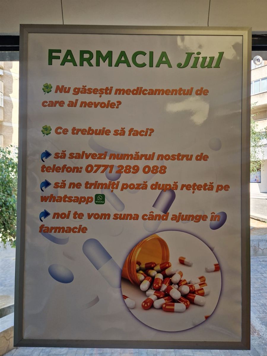 Afiș la intrare: dacă nu găsiți medicamentul, trimiteți poza rețetei pe WhatsApp la 0771 289 088 și vă sunăm când ajunge în farmacie